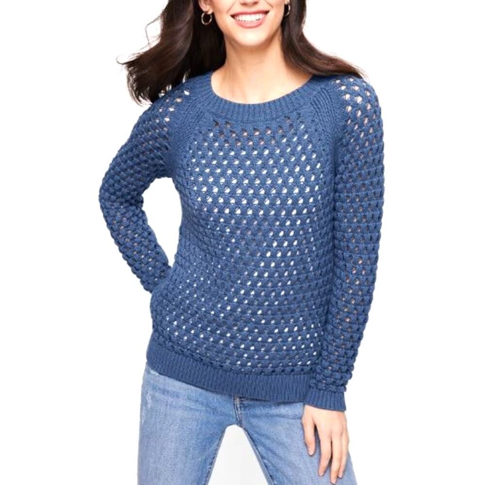 Women's Blue Casual Open-Knit Round Neck Pullover Sweater Long Sleeve Size M